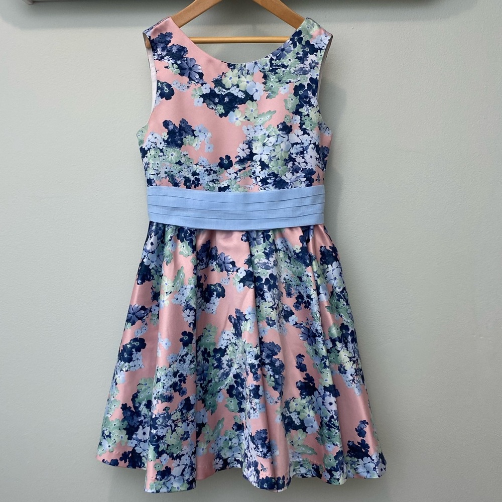 Girls Lulu & Me - Pink Satin Dress with Blue Floral Design (size 8)